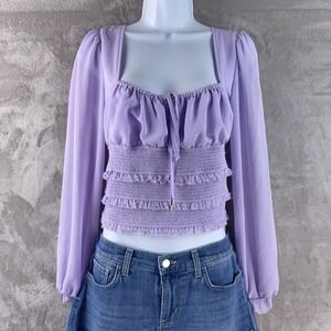 Free People Smocked Long Sleeve Top Womens Size XS Purple Peasant Boho Sheer